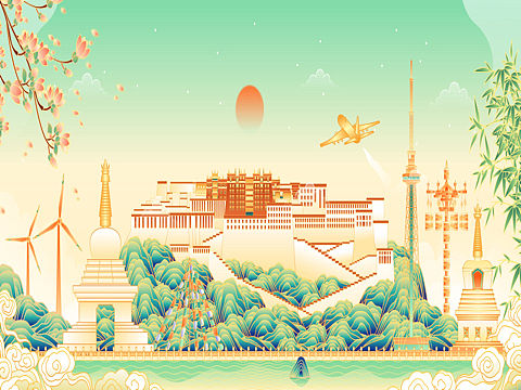 西藏拉萨城市建筑群矢量插画