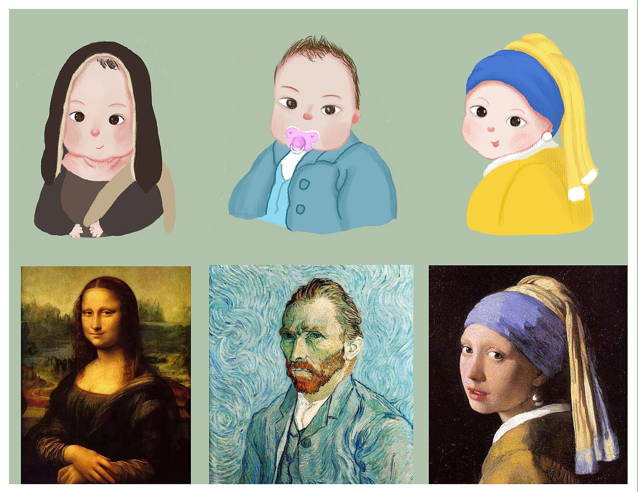 一组宝宝cos世界名画的形象插画