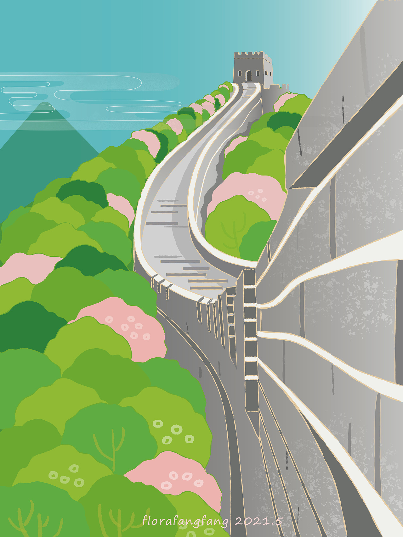 一幅来自春天的画稿【长城】|插画|创作习作|florafangfang - 原创