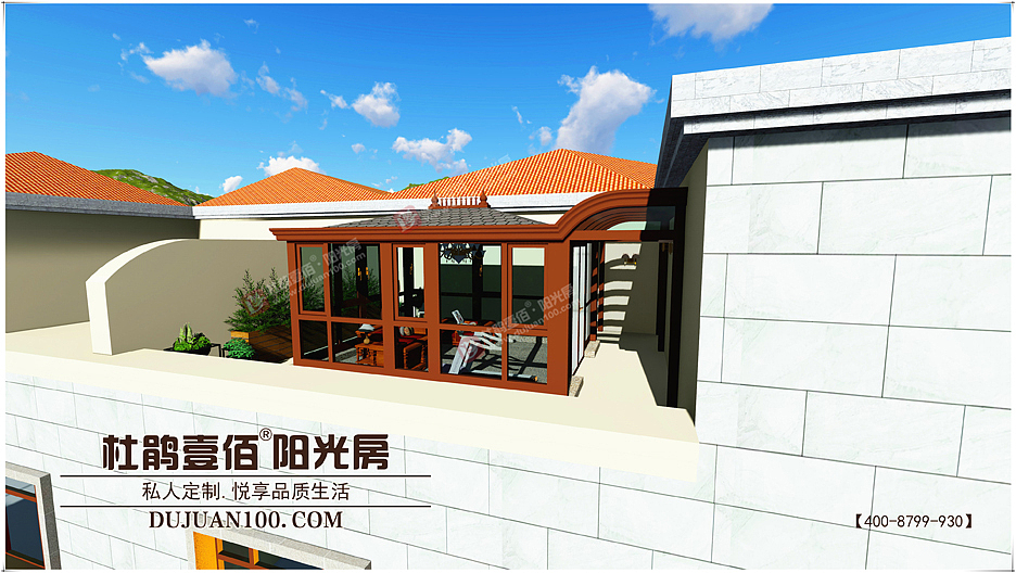 楼顶露台阳光房德高瓦阳光房+圆弧玻璃廊道设计图