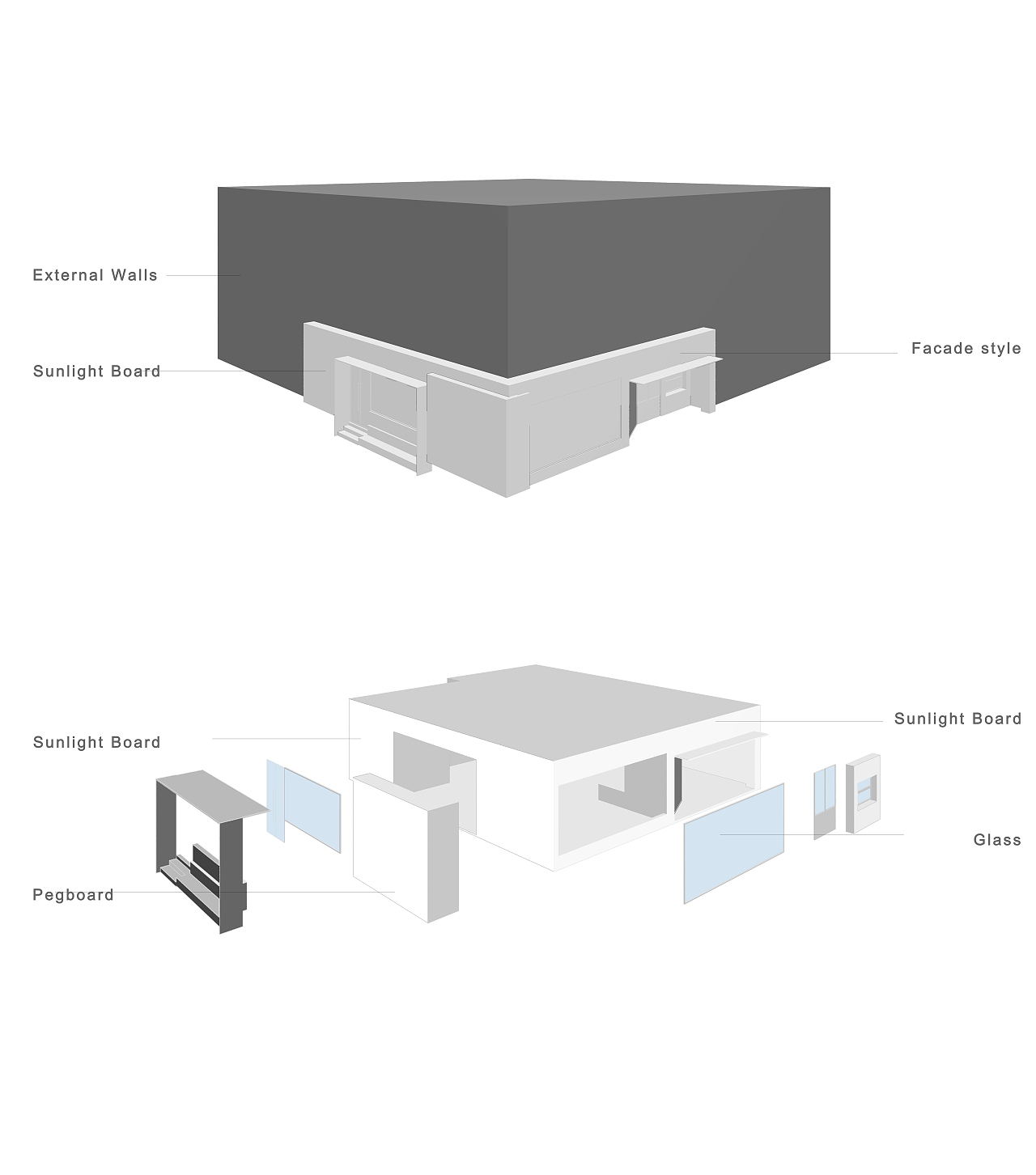 立方体的构成,双面对称且垂直,在常态下增加其高度,向内或向外的延伸变化而成
<br>通过色彩,质感,材料而进一步区别<br><br>因此外立面选取了与周围灰色建筑物对比鲜明的半透光阳光板<br><br>纯白,简约的材质也给灯光提供了一个比较好的载体