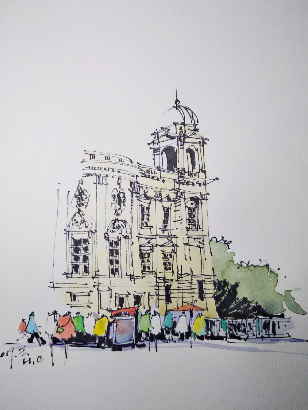 钢笔淡彩建筑风景速写