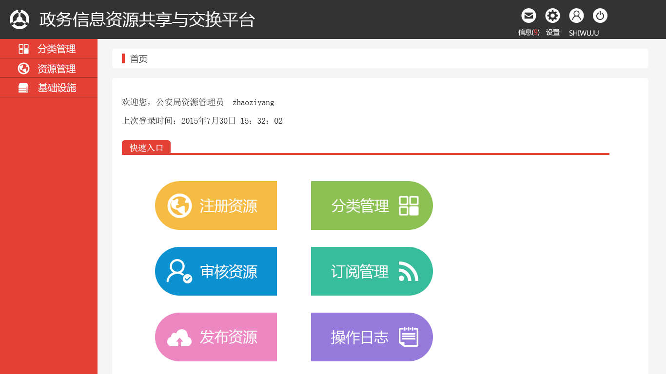 政务资源信息共享与交换平台后台管理界面版本一
