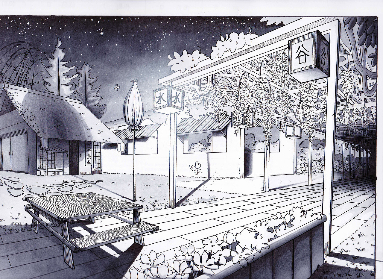 两点透视,茶社,马克笔