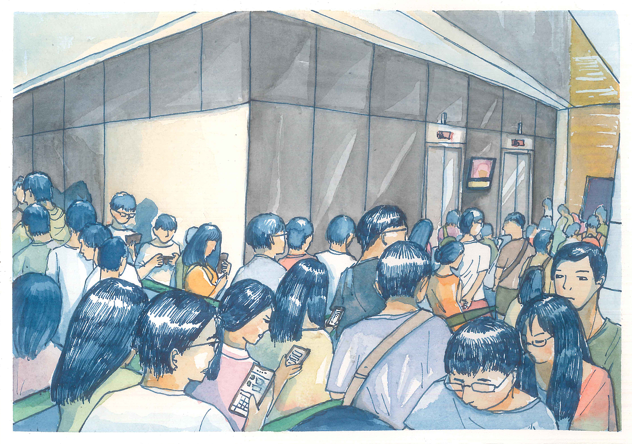 上班大楼电梯前
人头涌涌<br>习惯地玩着手机排队进入