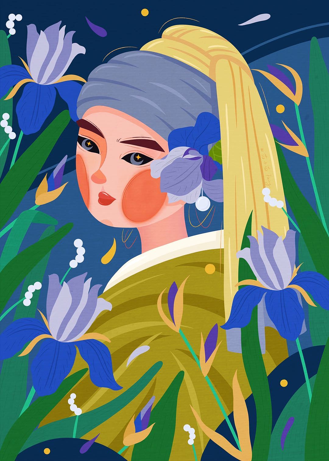 插画-名画少女与花