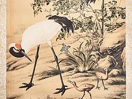 郎世寧《花蔭雙鶴圖》(復(fù)制品)拍攝,整圖及局部。