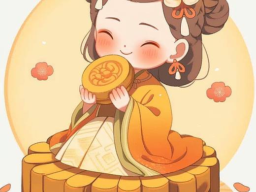 中秋节吃月饼的小女孩