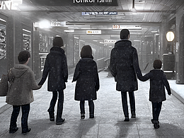 #站酷夢(mèng)筆#下雪的夜晚，一個(gè)五口之家步行去地鐵站，兩