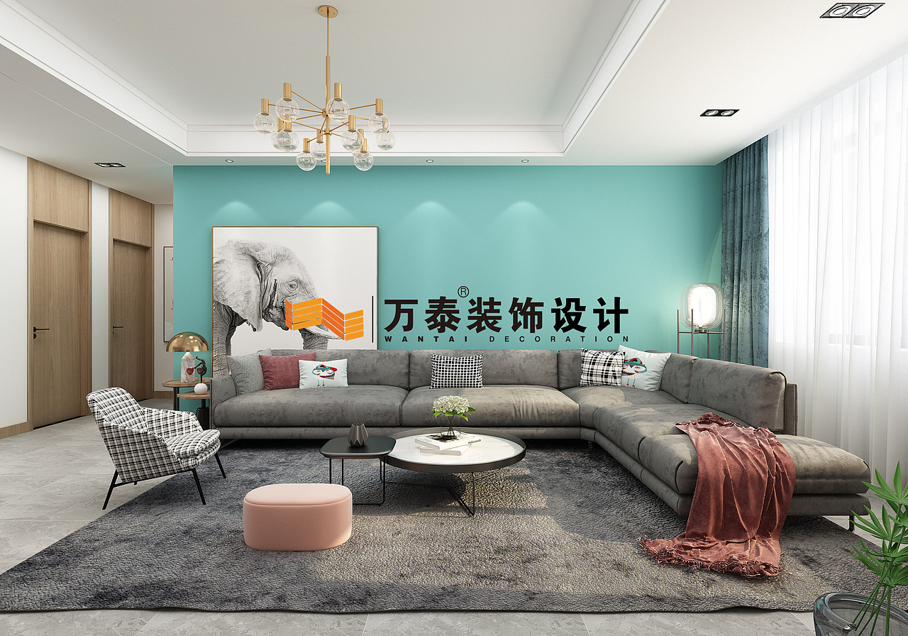 影视墙和沙发背景墙:沙发背景墙很大胆的用了冲击力较强的色彩,搭配灰色的墙面和沙发,让整体的色彩中和一下