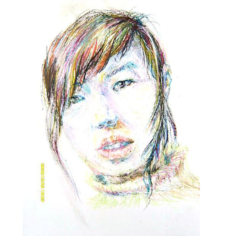 新的想法和颜色尝试,用蜡笔在纸上画的自己,照着镜子画的