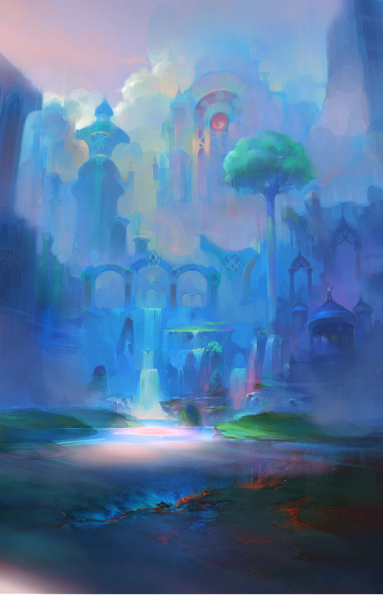 07 伴着音乐,在之前的过程图里选了一张,重新定义继续绘制,这次我开始加强了冷暖对比,也可以简单的理解为,受光面冷,背光用冷色,对比下来进一步的拉开元素和元素间的距离,我们称为:空间感。 这一步我也下了很大的决心,因为之前花了很多的时间整的细节要舍掉了,不这么做细节就会影响失去整体画面的大关系,会让光影 结构 素描黑白灰关系 色彩关系出现错乱。
<br>也就是以前我们理解的破坏画面,让碎片重组。这一步我加强光照范围,让上下两部分融合在一个场景里。