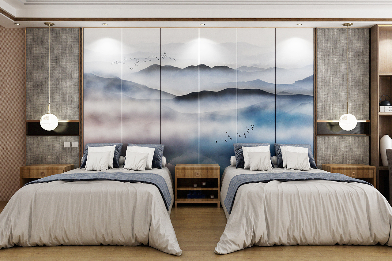 宾馆酒店客房硬包效果图|空间|家装设计|丽源墙画墙布_原创作品-站酷