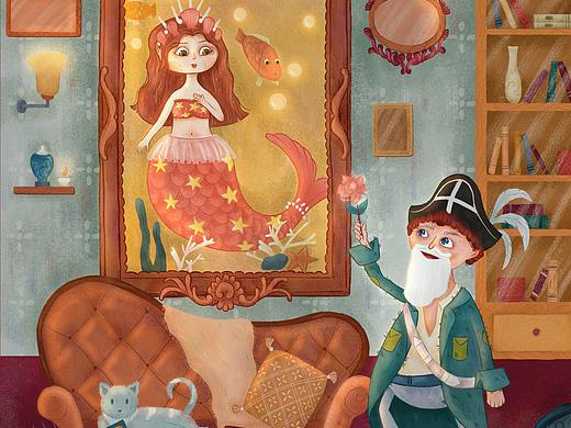 插画美人鱼和船长