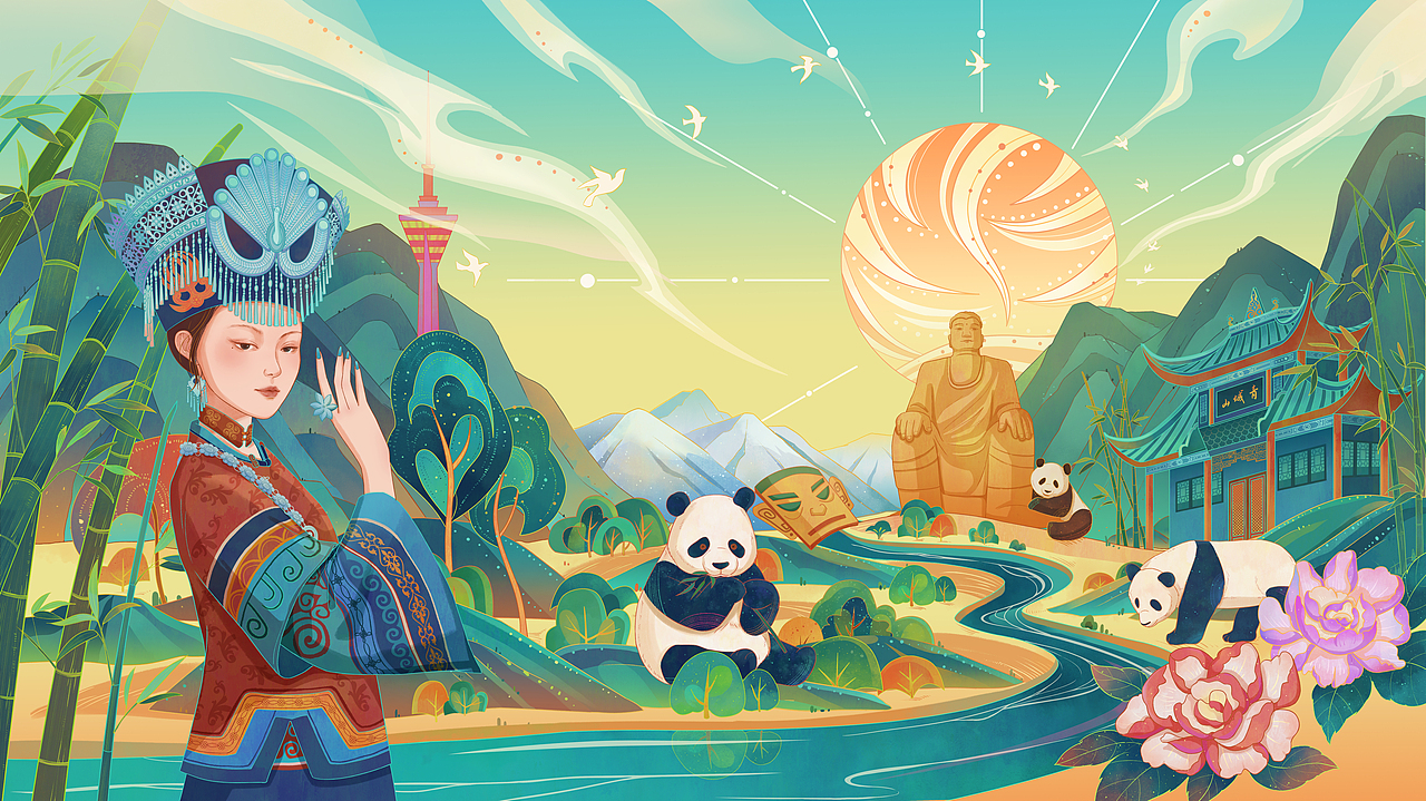 国潮城市插画之四川（图ZMzI0MzQwNTYw） - 商业插画 - 站酷设计师Aling呀原创素材 - 站酷ZCOOL