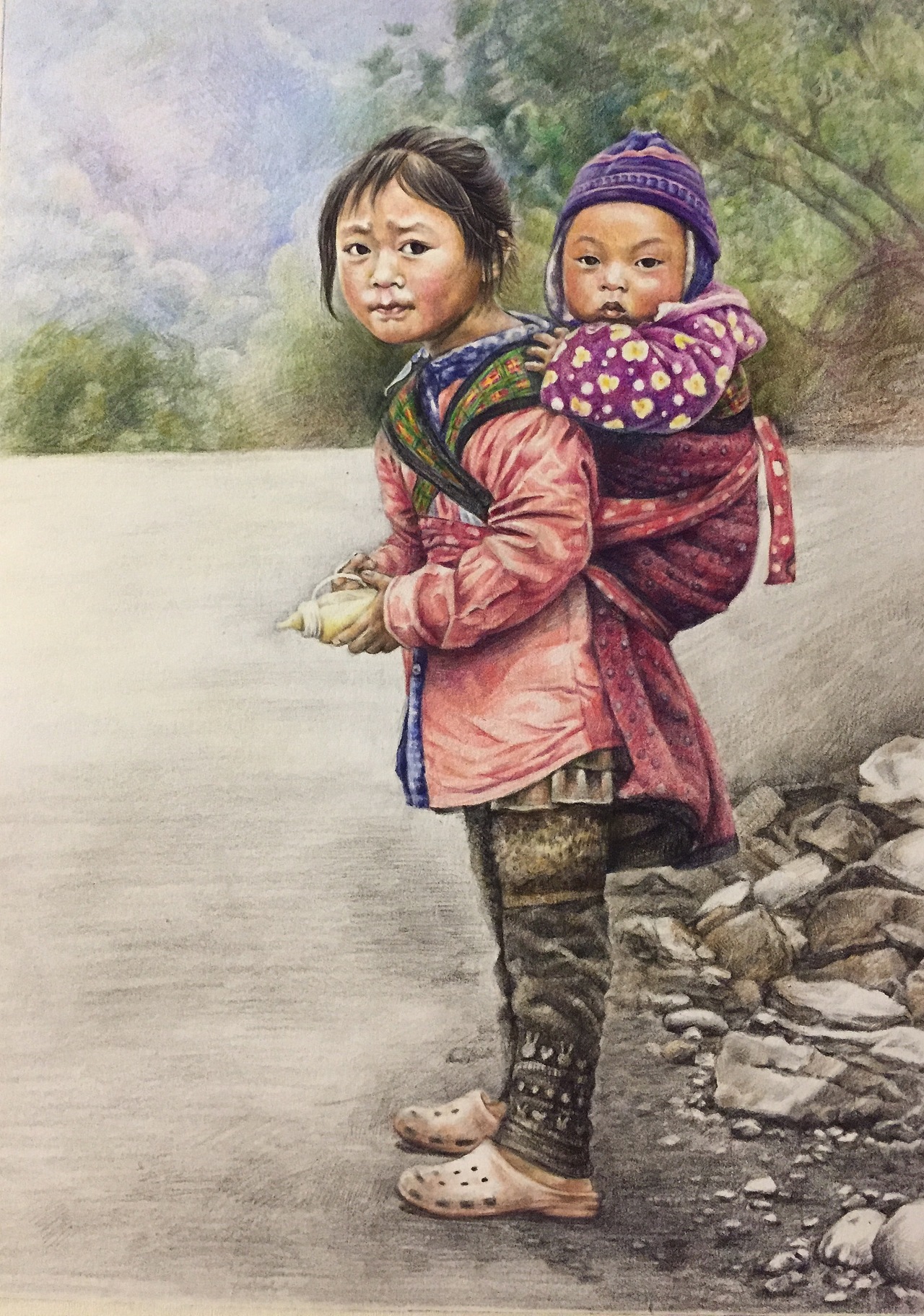 彩铅凉山小姐弟