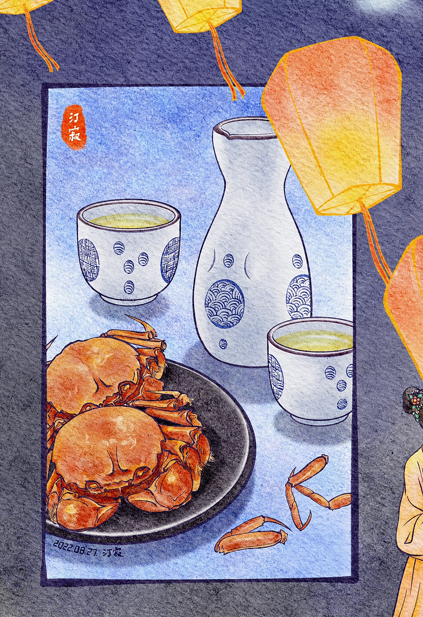 分镜插画 | 中秋节快乐!流心月饼大闸蟹吃起来~
