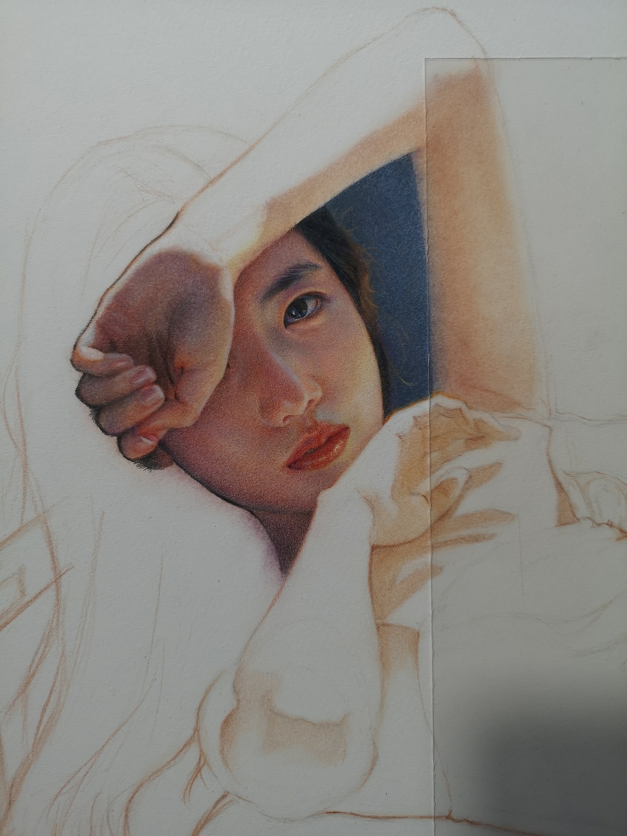 彩铅色粉人像《凝》