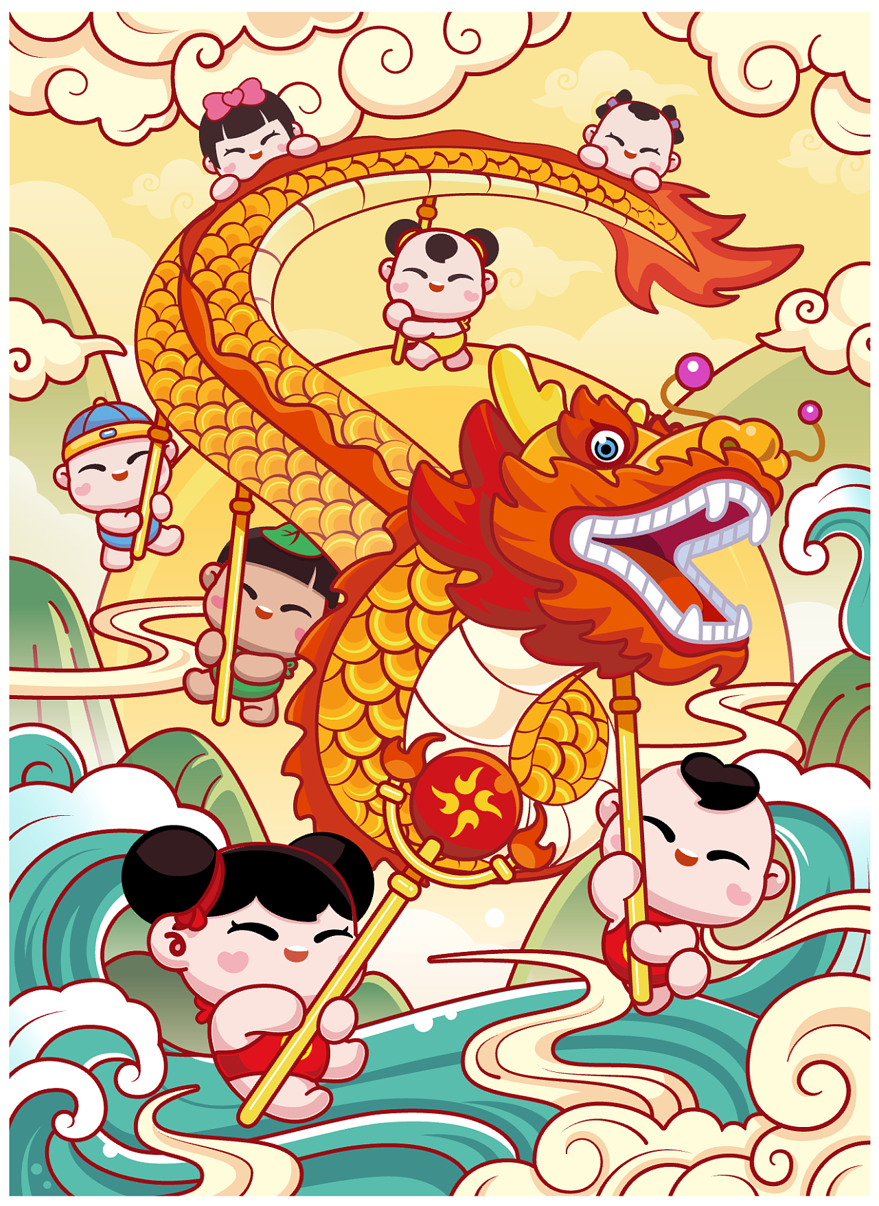 国潮卡通-跳舞金龙和七个小胖墩|插画|儿童插画|zzzzr - 原创作品