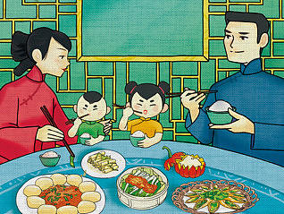 一屋檐,一明月,一家人 ——中秋人物插画