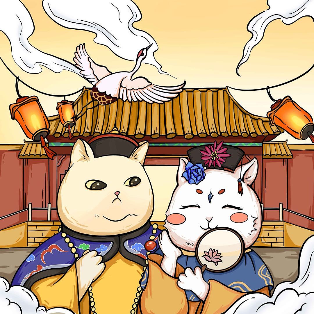 国潮插画宫廷风猫