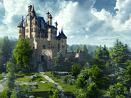 #AI创作实验室#城堡被森林围绕 天空蓝天白云 