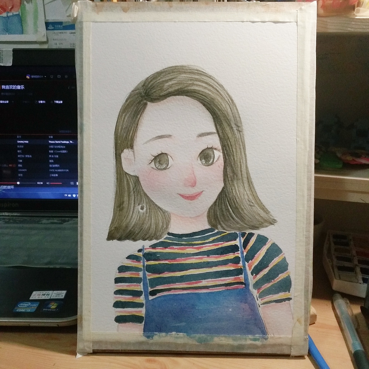 短发女孩水彩过程