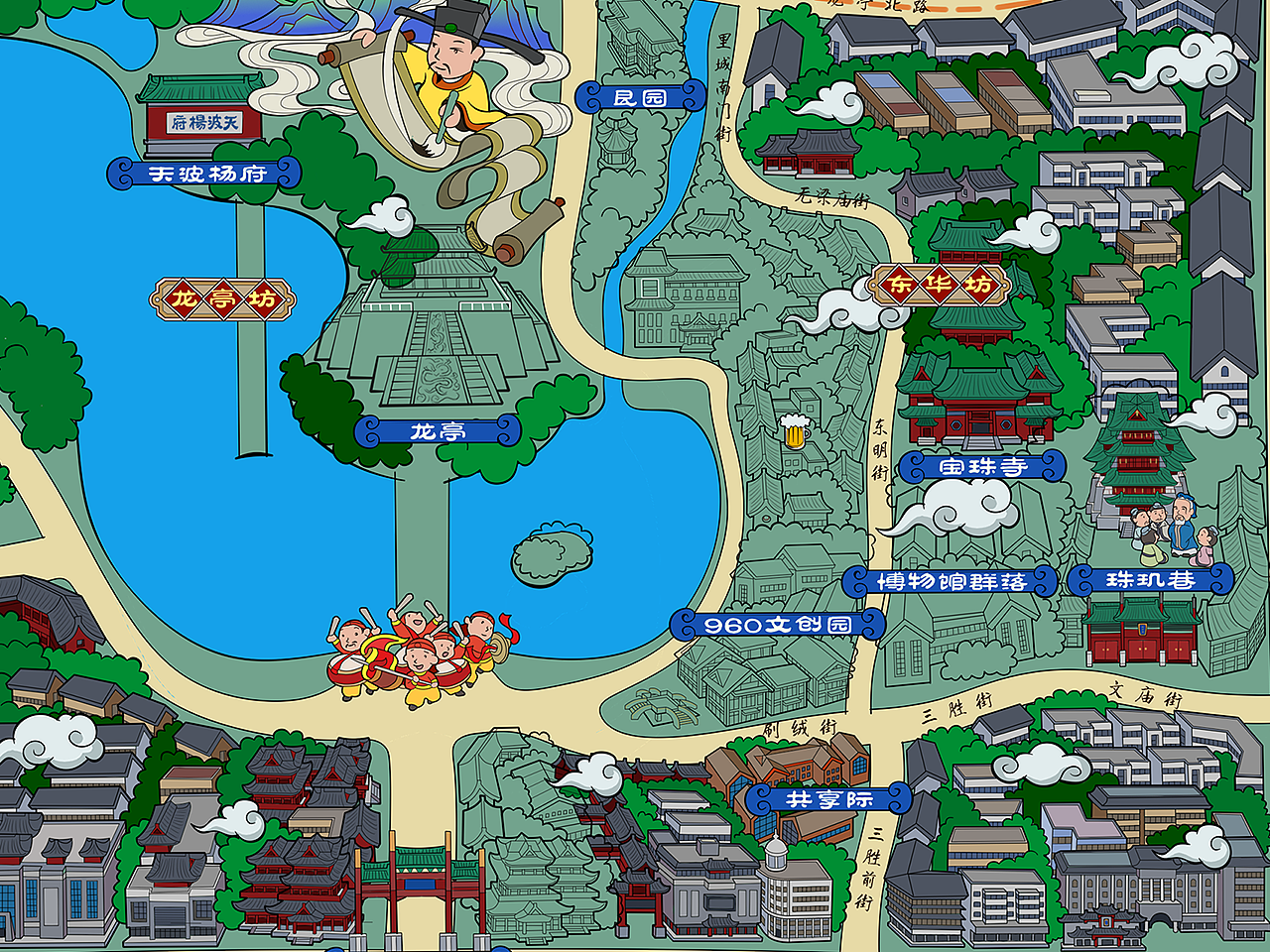 开封汴梁四厢二十坊漫画手绘地图文创系列