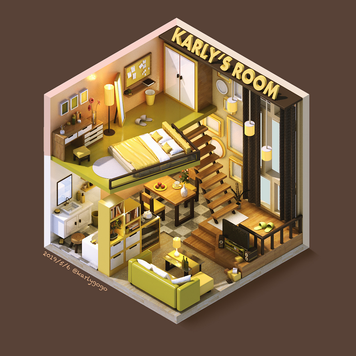 c4d卡通loft复式小公寓
