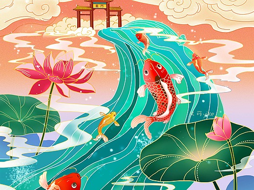 鲤鱼跃龙门插画