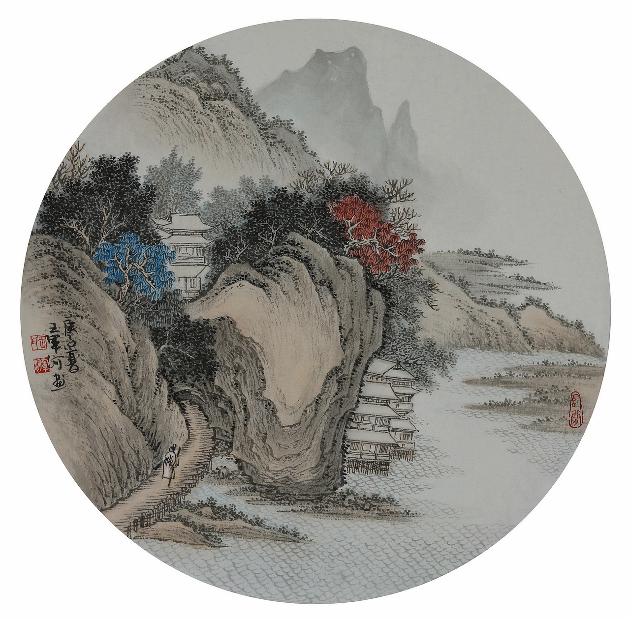 国画山水团扇青绿山水画家王军河作品