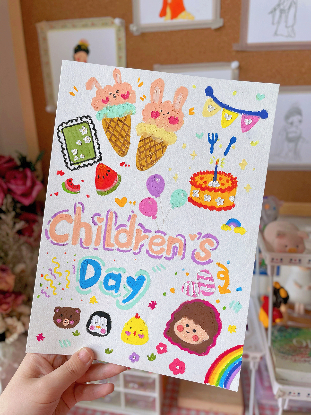 油画棒涂鸦•六一贺卡