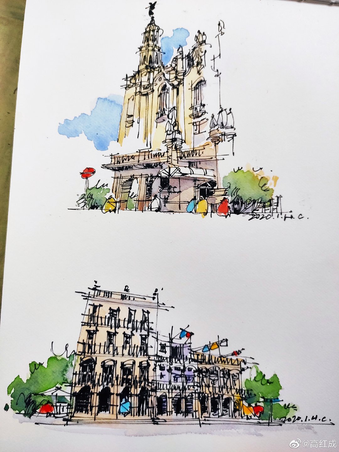 钢笔淡彩建筑风景速写