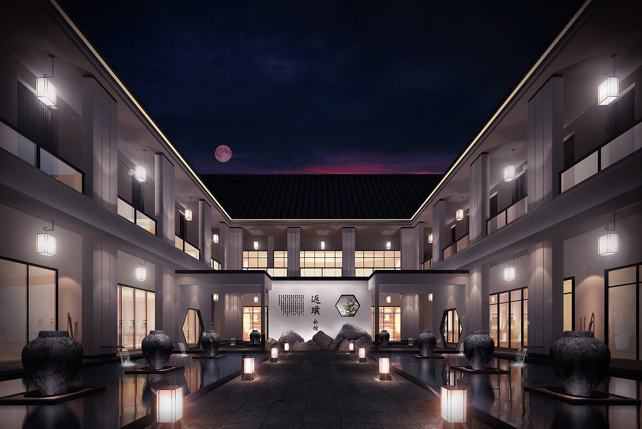 庭院，两边以水面，瓦缸，灯笼等做装饰，对称性的构图，中间以岭南元素六边形作为点缀。