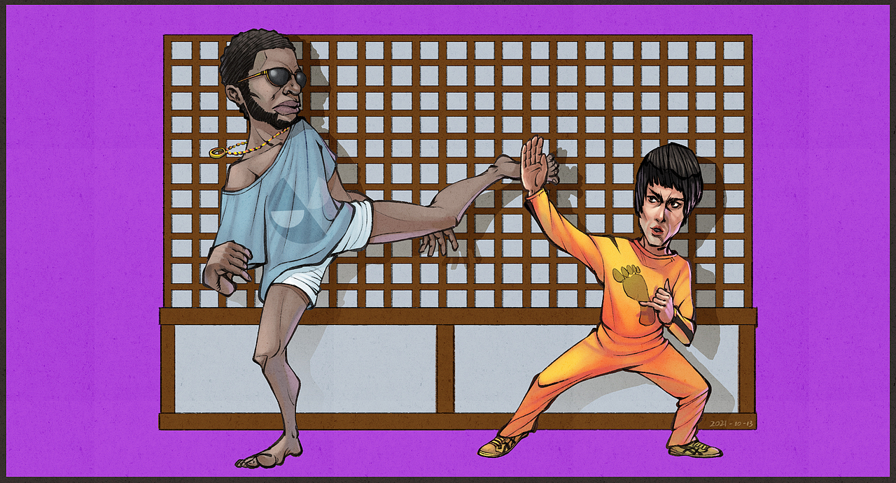 死亡游戏
很可惜，这部电影龙哥没拍完就……<br>这部电影的构思直接给九十年代的格斗游戏提供了源源不断的素材！对手来自世界各地的强者，在追寻真相的同时，不断挑战自我！由于之前华人、鬼子（黄种人）、白种人的对手都画过了，所以这张对手就画个大老黑吧，这样就打遍全世界了~