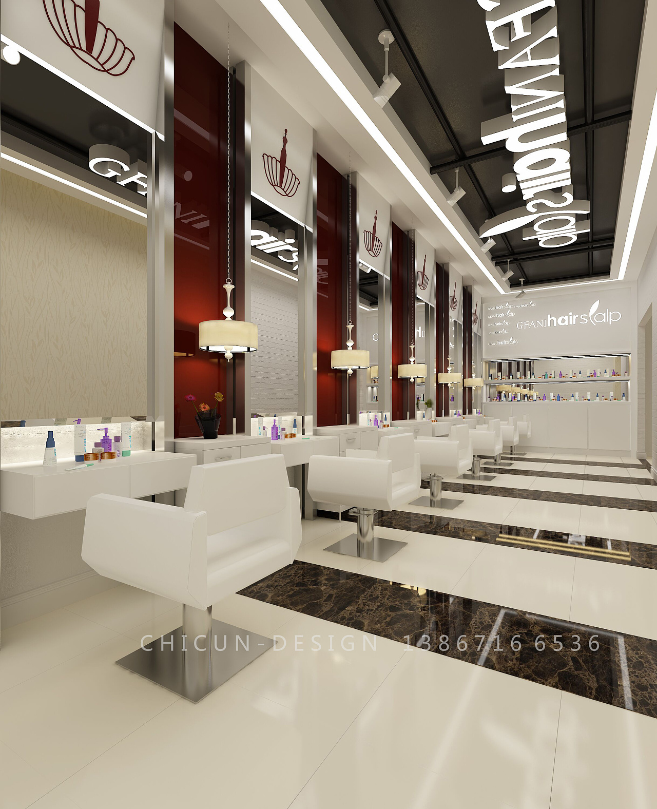 尺寸设计|古凡尼理发店发廊设计沙龙设计效果图