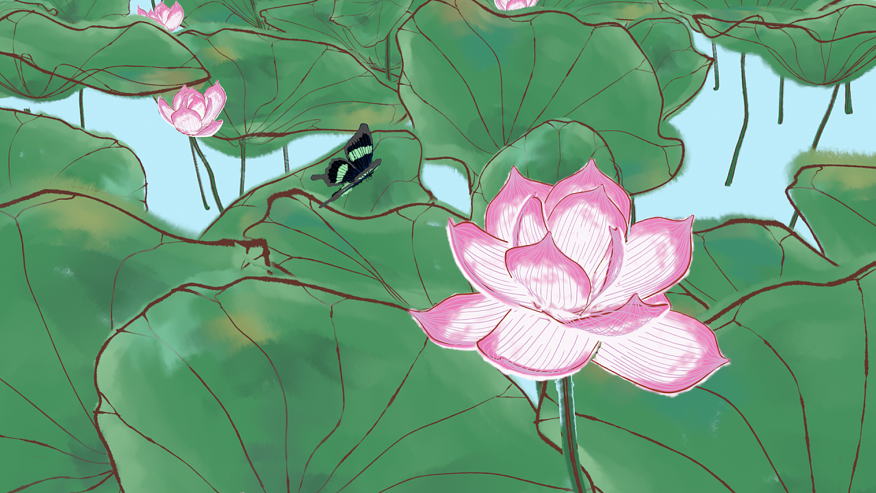 《无穷碧-仿水墨半工半写国风荷花图》