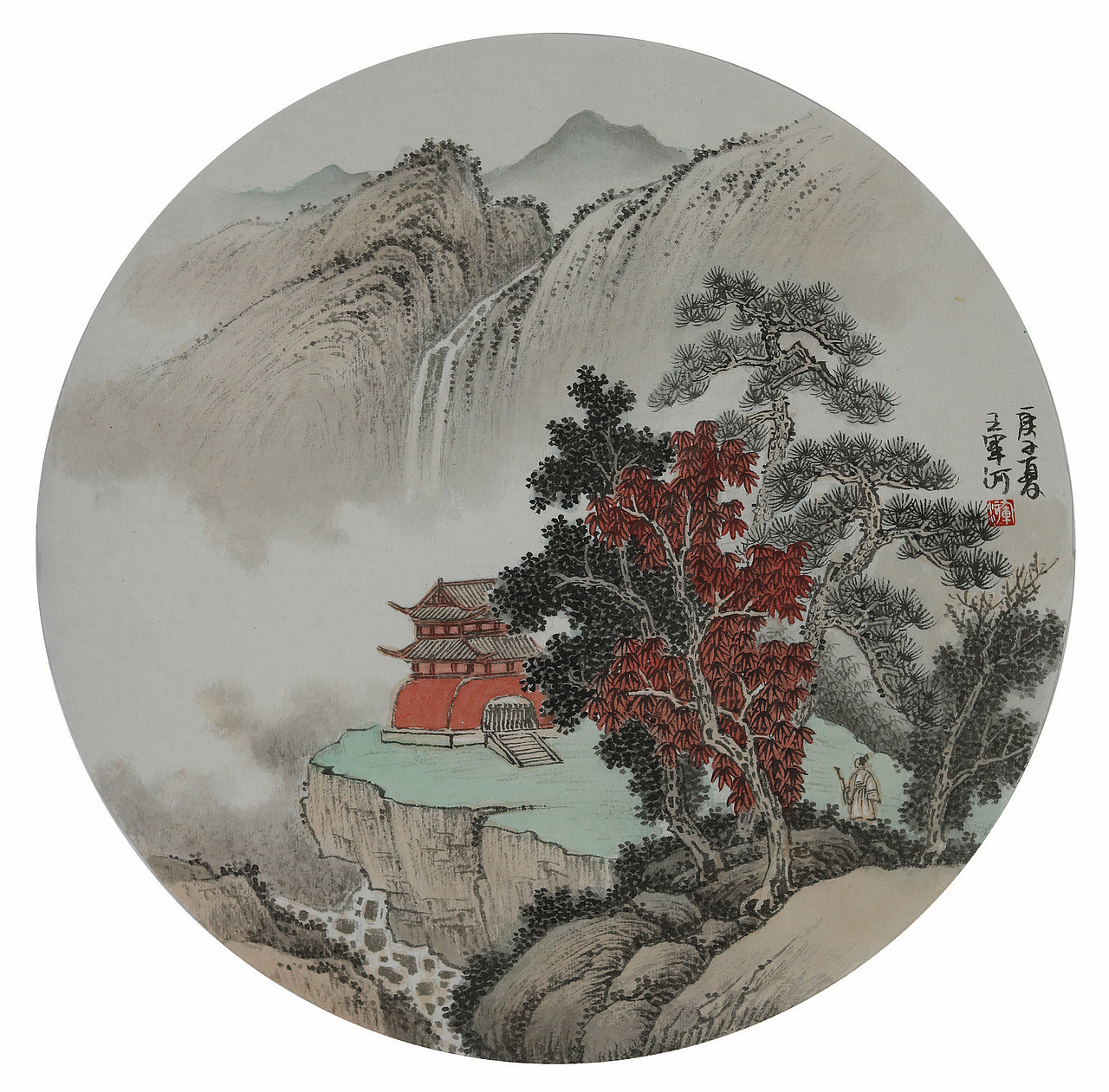 国画山水团扇青绿山水画家王军河作品