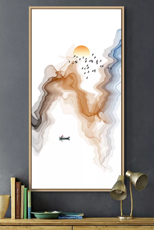 新中式玄关装饰画-禅意水墨画抽象水墨山水背景墙