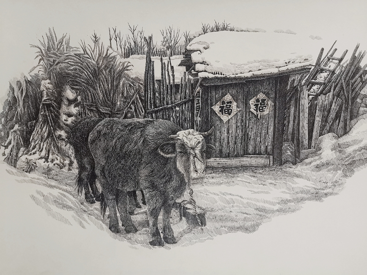 钢笔画《备春耕》