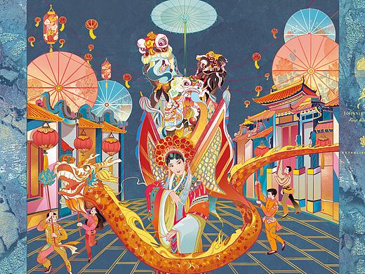 尊尼获加蓝牌威士忌-上海 佛山 城市主题定制插画