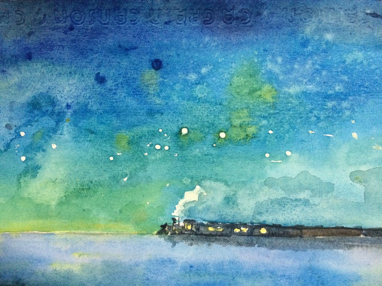 蓝色的天慢慢映出了星空的雏形,火车缓缓的行驶在犹如镜子一般的海面上。