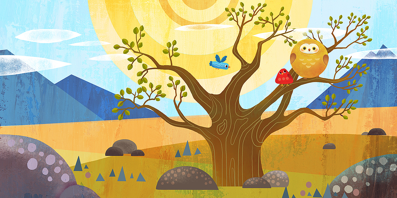 应编辑要求绘制的偏装饰风的绘本~~三只可爱的小鸟的故事.