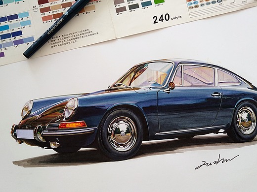 马克笔汽车手绘 porsche 第一代 911(1964-1973)插画-艺术插画
