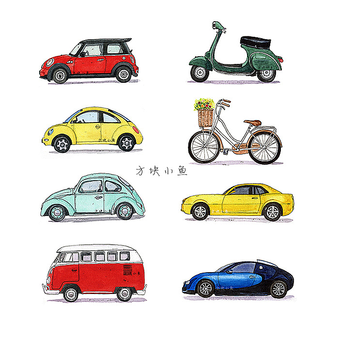   小车车手绘水彩插画