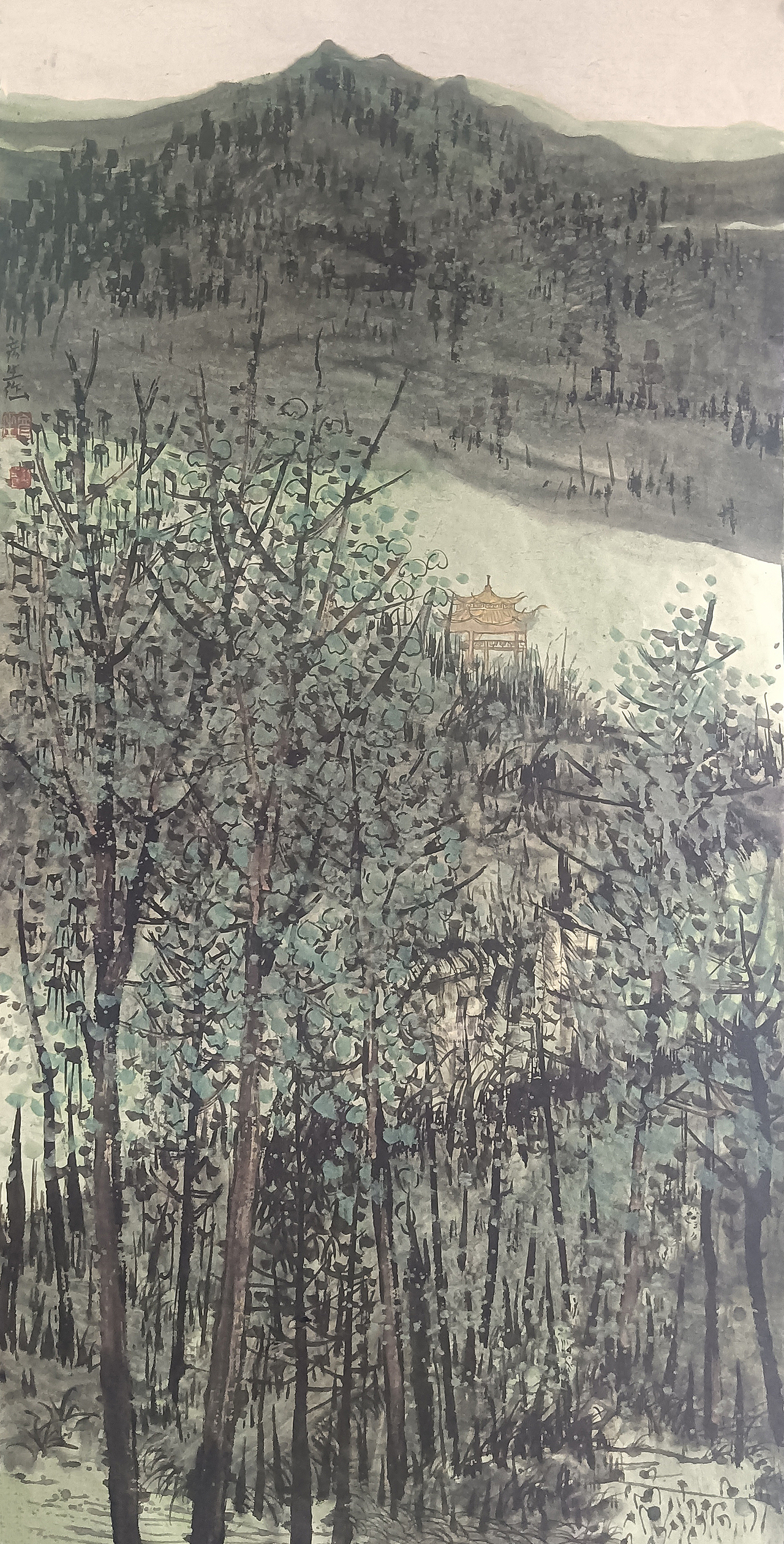 《万顷岚光里》宣纸设色,软片,135*35厘米