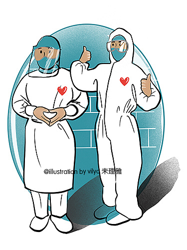 疫情之医务人员穿防护服做爱心和加油手势插画