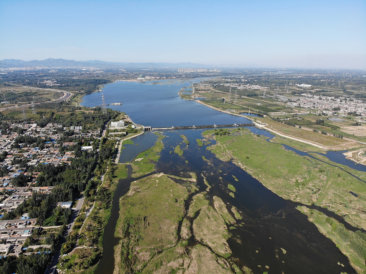 泰安大汶河湿地公园 北集坡湿地公园航拍美丽风景
