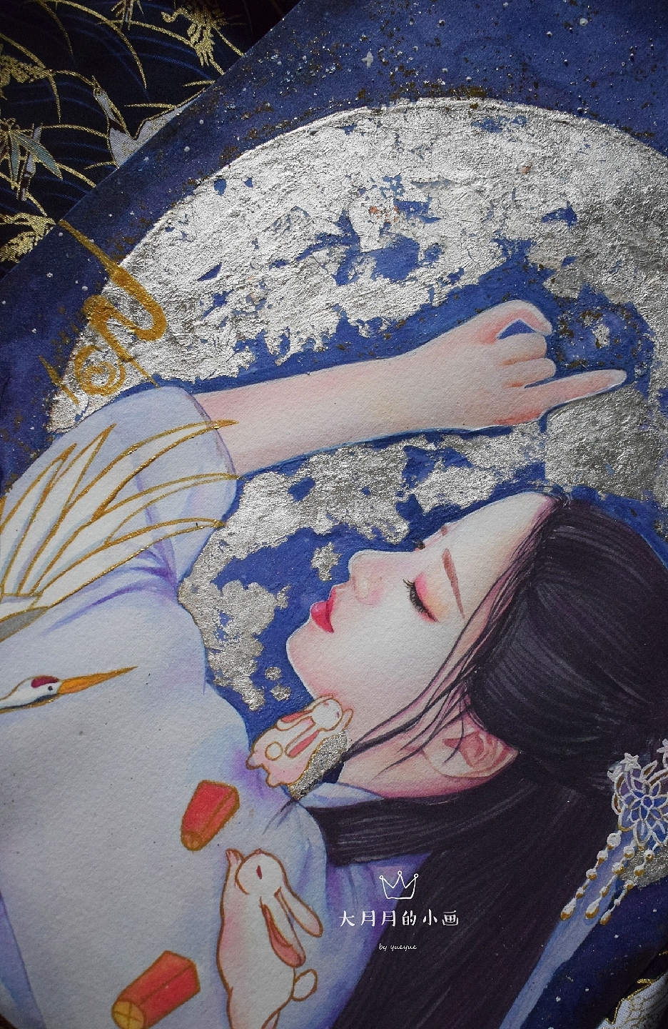 中秋贺图,综合材料水彩画