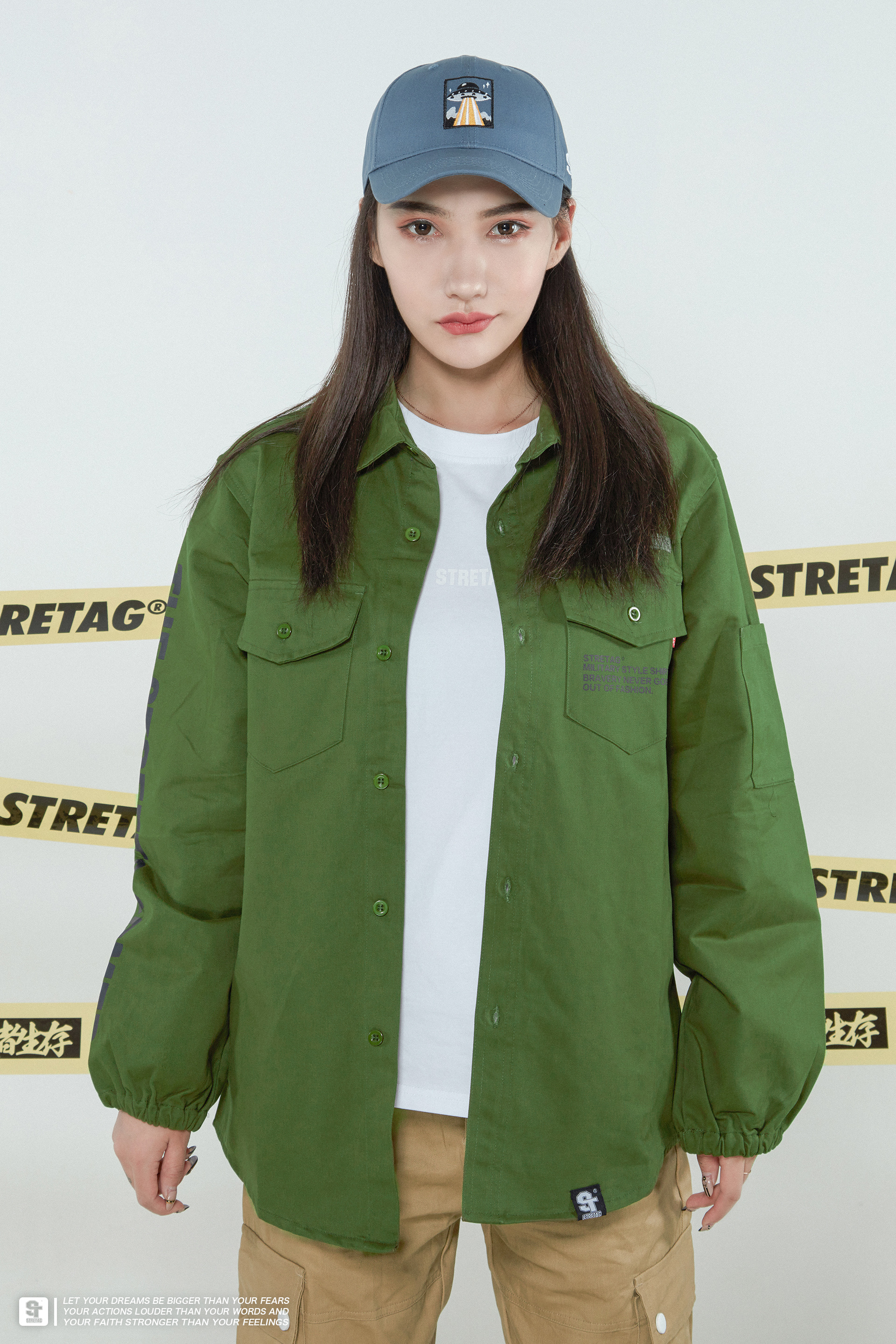 stretag长袖衬衫秋季军绿色工装衬衫美式军事风衬衣